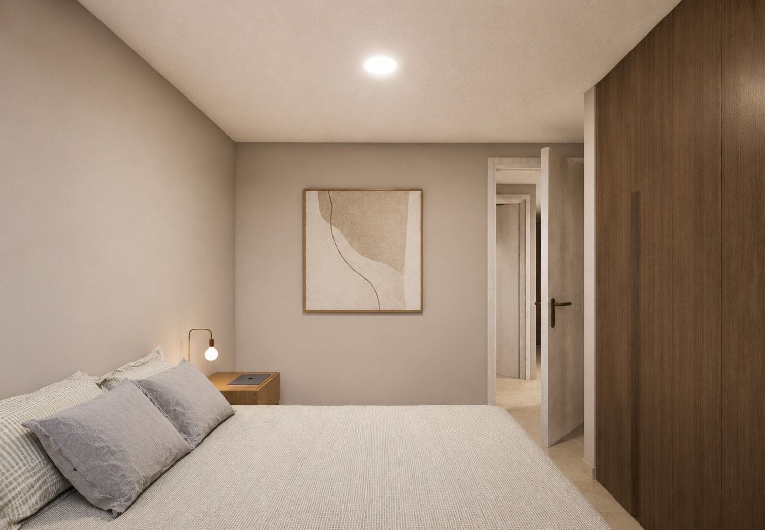Render interior: habitación principal con clóset de madera y luz cálida.