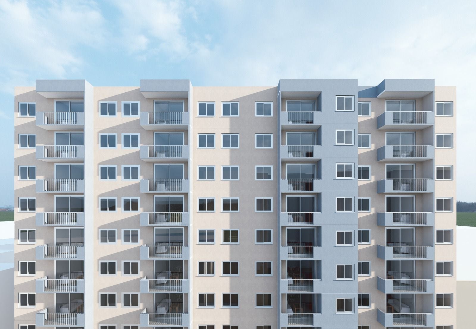 Render de la fachada de The Point Soledad: torre de apartamentos con balcones, en tonos crema y gris azulado.