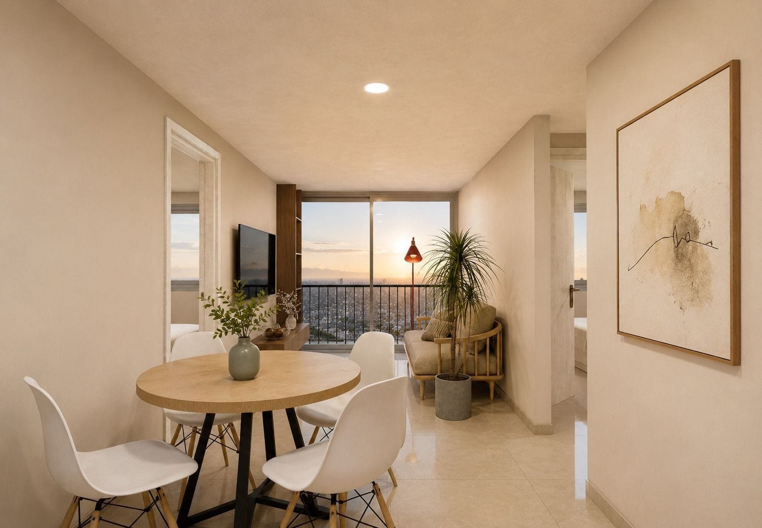 Render interior: comedor y sala con balcón al atardecer y vista a la ciudad.