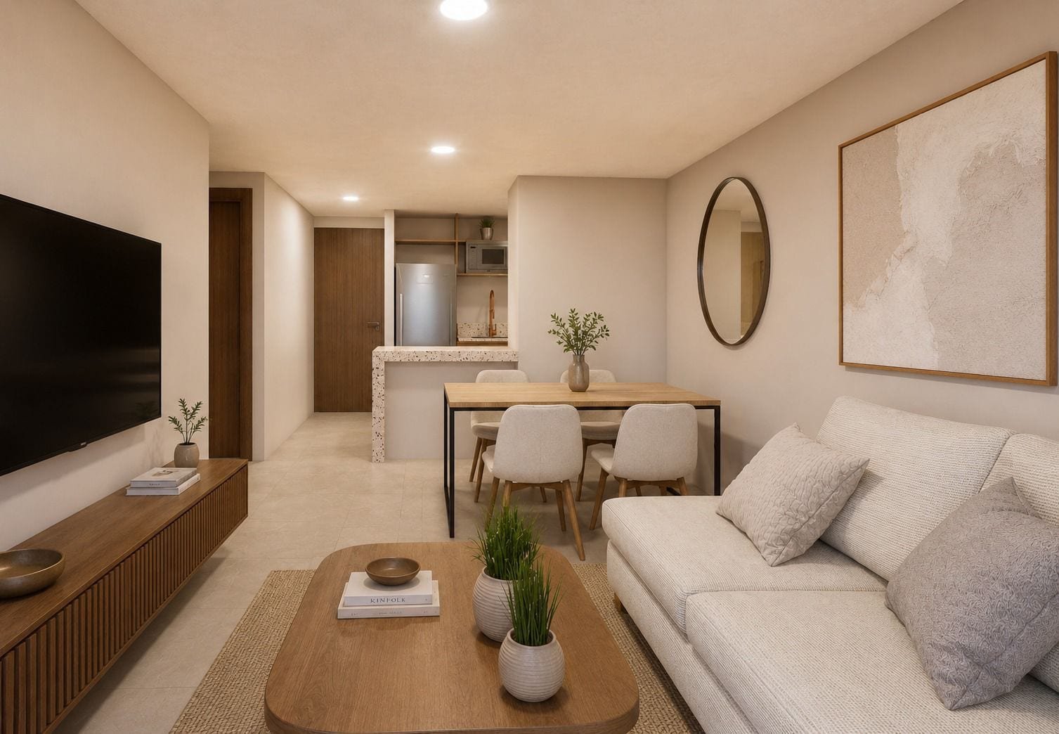 Render interior: sala con sofá claro, comedor para cuatro y cocina al fondo.