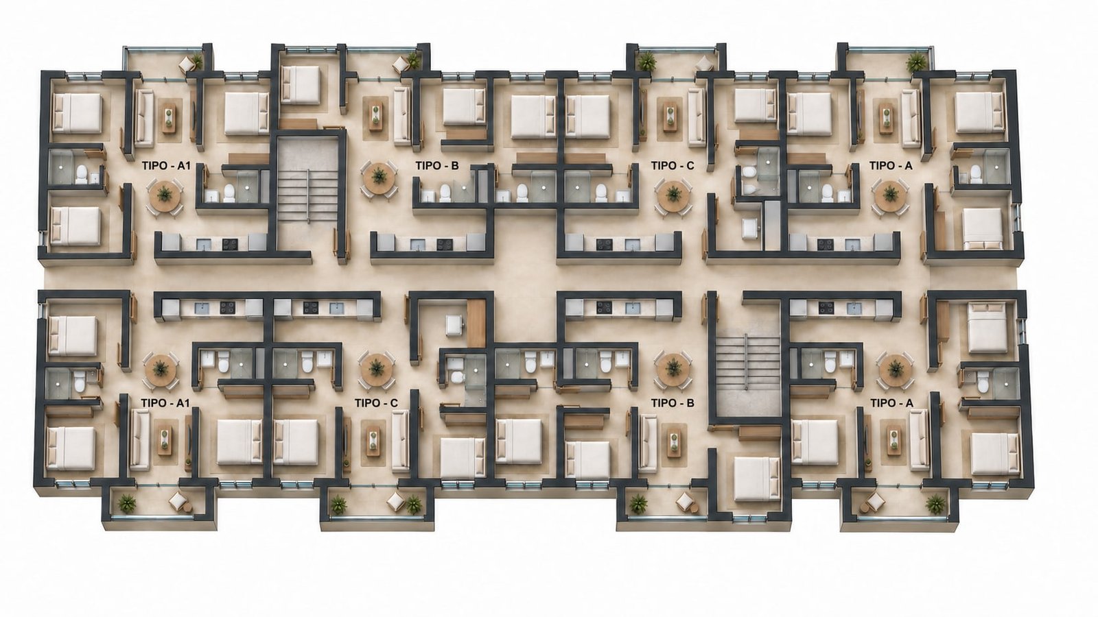 Planta tipo de los pisos 2 al 12 con la ubicación de cada apartamento: tipos A1, B, C y A a lado y lado del corredor central, con dos puntos fijos de escaleras.