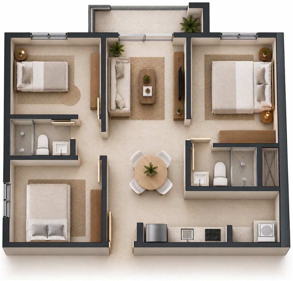 Plano del apartamento tipo A: 3 habitaciones, 2 baños y balcón, 57,17 m² construidos.